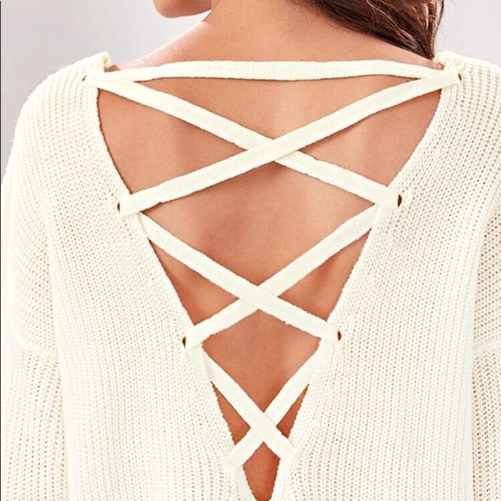 Sold!!!! Beige solid lace up backles sweater - Picture 4 of 6